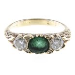 An emerald and diamond half hoop ring, one oval faceted emerald, two brilliant cut diamonds,