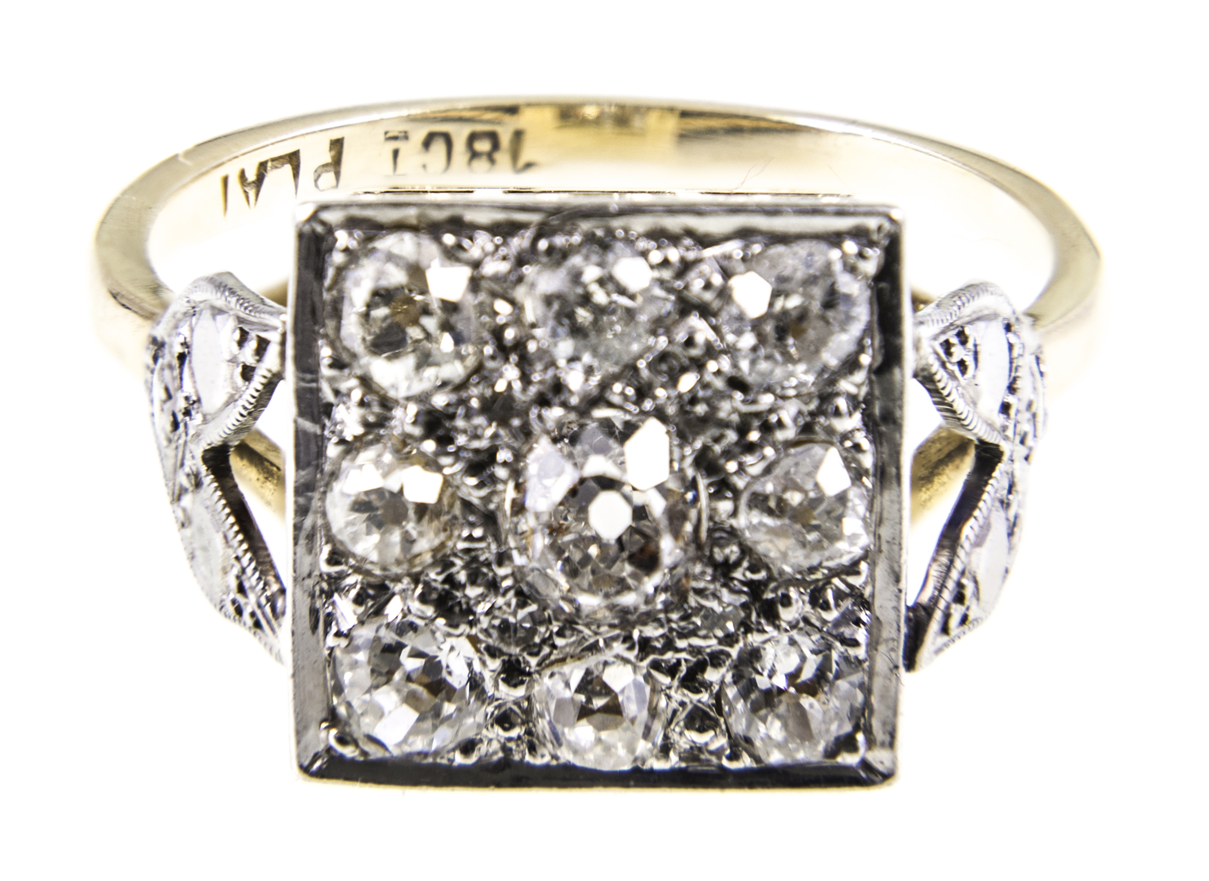A square diamond cluster ring, nine old brilliant cut diamonds,