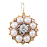 A diamond and half pearl brooch/pendant, solitaire diamond, old brilliant cut stone,