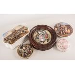 A collection of Prattware pot lids; twelve framed pot lids, other pot lids,