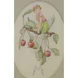 Michael Crawley (Crown Derby artist), pair of watercolours depicting fairies on fruit branches,