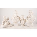 Parian ware busts (4), wall plaque and two seated figures (one af),