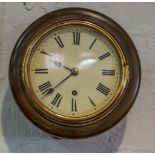 Small mahogany cased school clock, circular painted dial with Roman numerals,