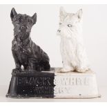 Buchanan's Black and White Whisky group, two terrier dogs, painted alloy, stamp mark, 26cm.