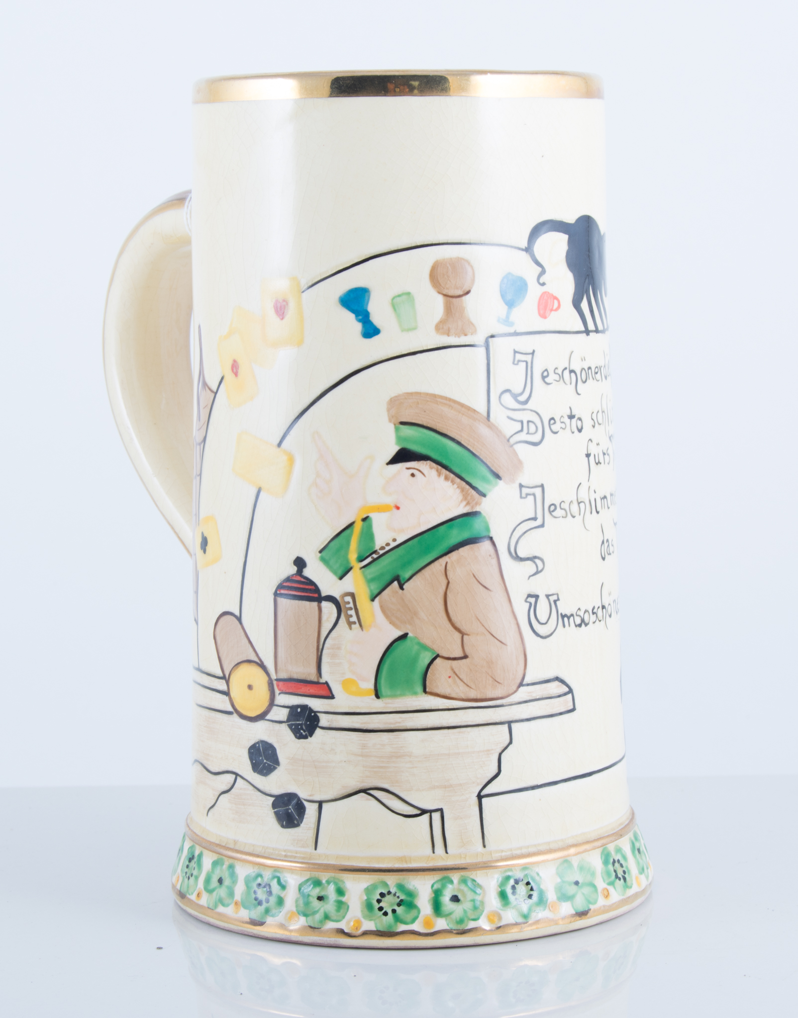 Sylvan pottery tankard, musical base, German inscription, 20cm.