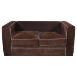 A small two-seater settee, upholstered in chocolate brown suede, width 132cm.