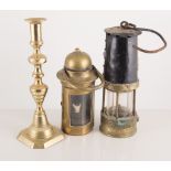 Old Miners Lamp, brass cased lamp, pair of brass candlesticks, brass oil lamp.