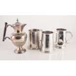 Box of silver plated wares and pewter tankards.