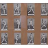 Framed set of twelve cigarette cards, Famous Cricketers by Gallagher, 1926.