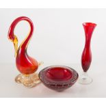 A Murano style ruby glass dish, other Italian Art glass and paperweights, (quantity).