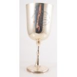 Silver presentation goblet, plain bowl on knopped stem with bead edge foot,