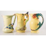 Six Burleigh ware moulded jugs with decorative handles - Kingfisher, Pied Piper,