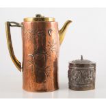 Copper and brass coffee pot, straight sided cylindrical form engraved with leaves,