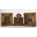Carved wooden jewel box with partridge to top, pair of gilt frames with portraits.