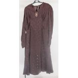 Four vintage dresses, burgundy self patterd ruche dress, brown lace dress with cape and velvet bow,