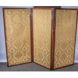 Mahogany framed three fold screen, fabric covered panels,