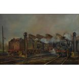 Ken Allsebrook, Newton Heath Railway Depot, signed and dated '82, oil on board, 49cm x 75cm.