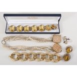 Vintage costume jewellery, multi strand necklace with fastener, crystal and gilt bracelet,