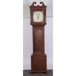 Oak longcase clock, broken swan neck pediment, dial painted Country House, signed MTH Moore,