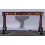 A William IV rosewood library table, tooled olive leather inset top, rounded corners,