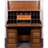 Unusual walnut and burr walnut twin pedestal desk, interior fitted with multiple pigeon holes,