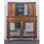 A Regency rosewood and brass inlaid side cabinet, mirror back, flanked by panelled doors,