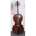 Old cello, 76cm two piece back, bears label Betts, London, with a bow.