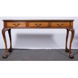 Reproduction mahogany side table, three frieze drawers, cabriole legs,