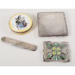 Silver engine turned compact, circular enamelled silver compact, a silver cased pocket knife,