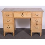 Victorian pine desk, rectangular boarded top, twin pedestals, fitted with seven drawers, block feet,