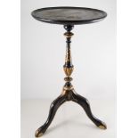 Chinoiserie style ebonised wine table on tripod base, 30cm diameter.
