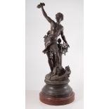 Late 19th century French spelter figure, 'Commerce', on a circular marble effect plinth, repaired,