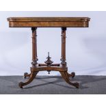 A Victorian burr walnut card table, rectangular fold-over top, with rounded corners, plain frieze,