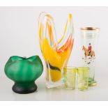 Quantity of vintage and retro coloured glass, Murano style vases, bowls, drinking glasses and jug.