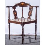 Edwardian mahogany corner chair, shaped back with oval fan inlay,