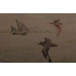 Richard Barrett Talbot Kelly, Sea birds and a boat, monogram device and inscribed Cape Roca 3.9.