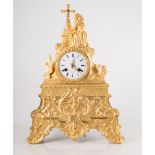 French gilt metal mantel clock, figural and cross surmount,