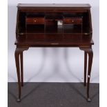 Mahogany fall front bureau, fitted interior, single frieze drawer, with curved tapering supports,