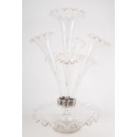 A Victorian clear glass epergne, circular base with a crimped edge, diameter 27cm,