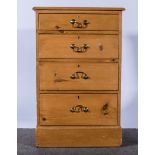 Pine chest, three drawers, raised on bun feet, W54cm x D56cm x H85cm.