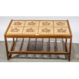 1970s teak coffee table, with eight floral tile insets and slatted undertier,