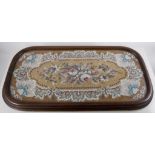 Victorian mahogany framed oval beaded and needlepoint tray with glass top, 54cm x 28cm overall,