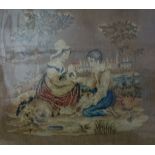 Needlepoint panel of a young boy and girl with village to background,