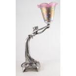 Modern Art Nouveau style table lamp, with a lady supporting a torch, lustre glass shade,