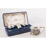 Cased silver three piece condiment set with spoons, Birmingham 1947,