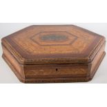 A Continental oak and walnut work box, octagonal form, with a carved edge, fitted interior, 45cm,