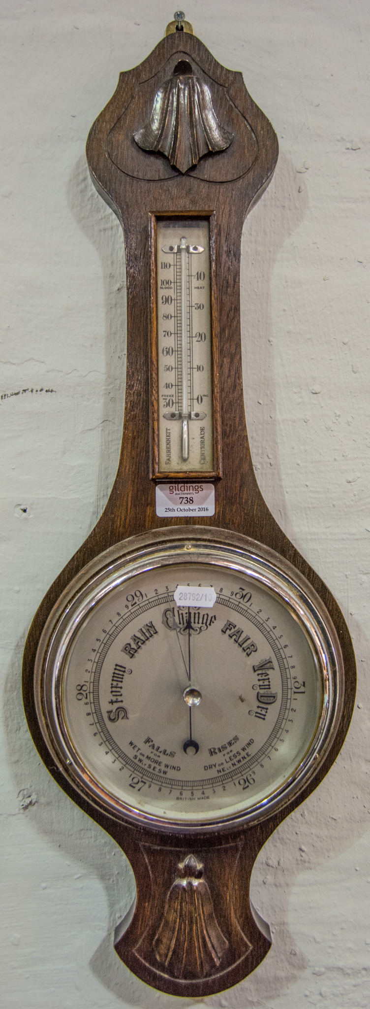 Aneroid barometer, with thermometer, part oak case, 66cm.