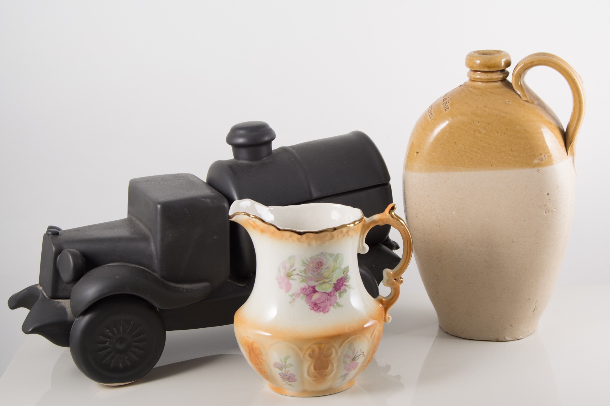 Jug and bowl set, Wedgwood Jasperware with other ceramics and metal ware.