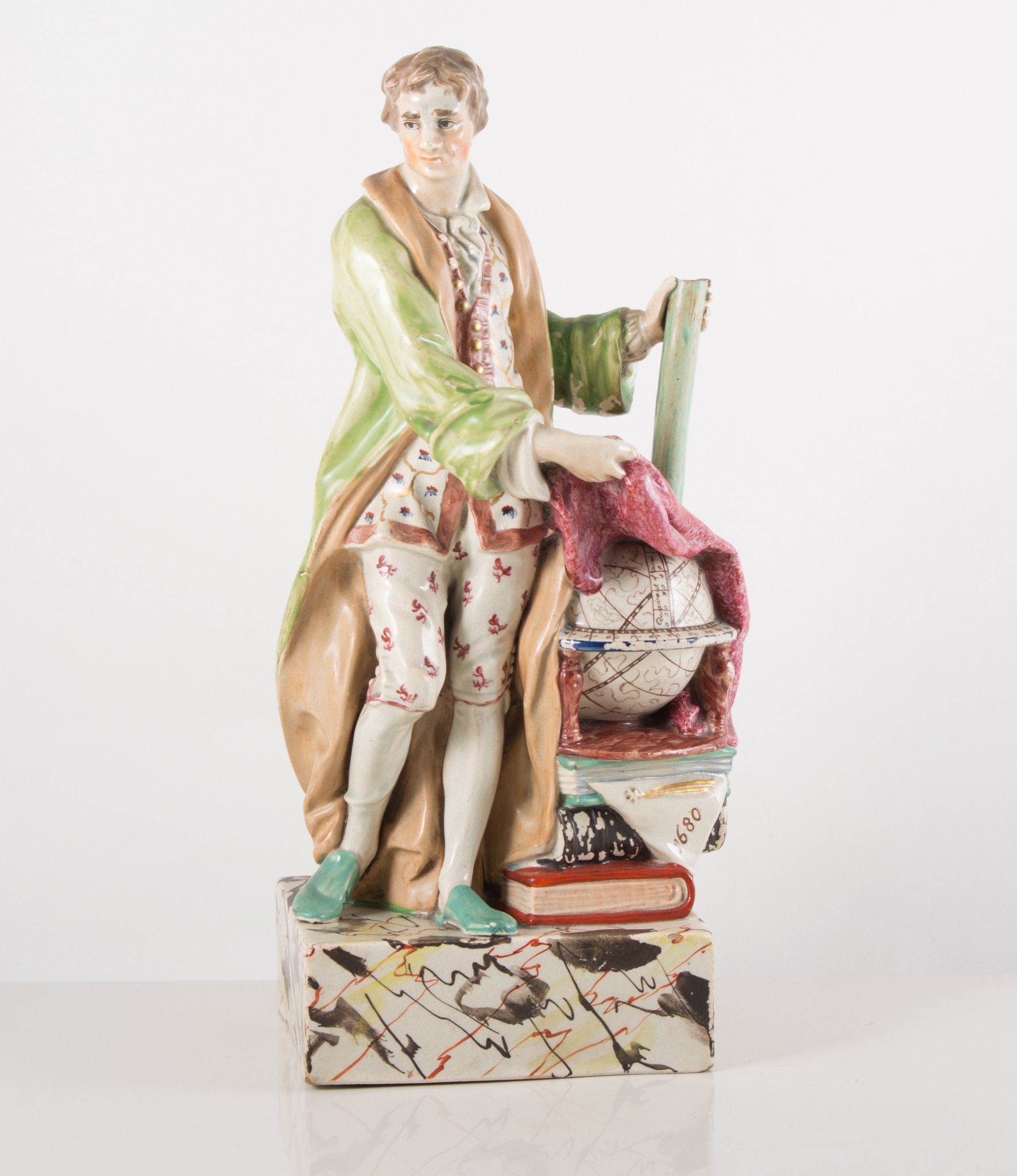 Staffordshire figure of Newton, 31cm high, a ceramic obelisk, and a Victorian pedestal vase,