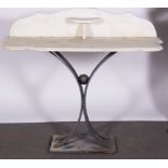 Console table, serpentine marble top, wrought metal splayed base, 120cm.